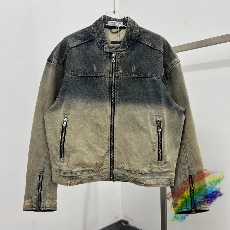 

Tie-dyed Patchwork Denim Jeans Zipper Jacket Men Women Best Quality Denim Vintage Clothing Coat