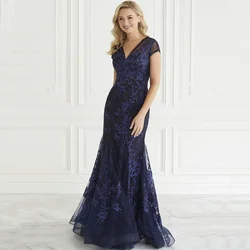 Vestido azul marino de sirena para madre de la novia, cuello en V, manga corta, Vestido largo de fiesta de graduación, apliques de encaje de cuentas, vestido de noche de tul