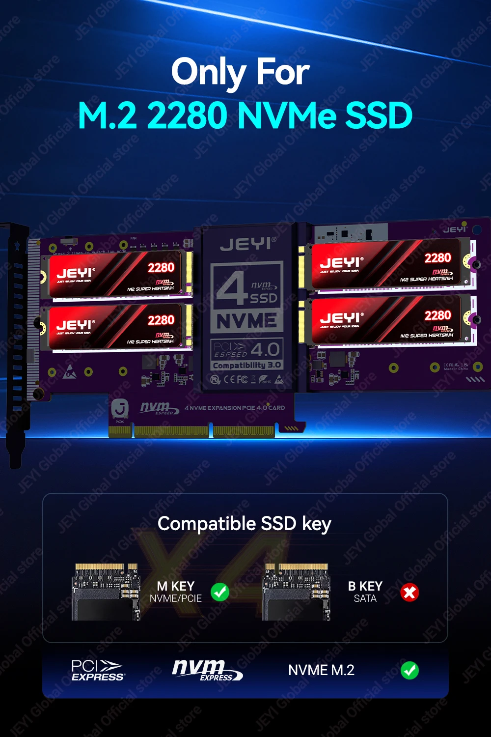 JEYI 4*NVMe SSD zu PCIe Adapter Nicht-Bifurkations-Mainboard-Adapter mit RAID 0 1 5 JBOD Unterstützung, max. 128 Gbit/s PCIe X8/X16 Port mit PWM-Lüfter – Detail 8
