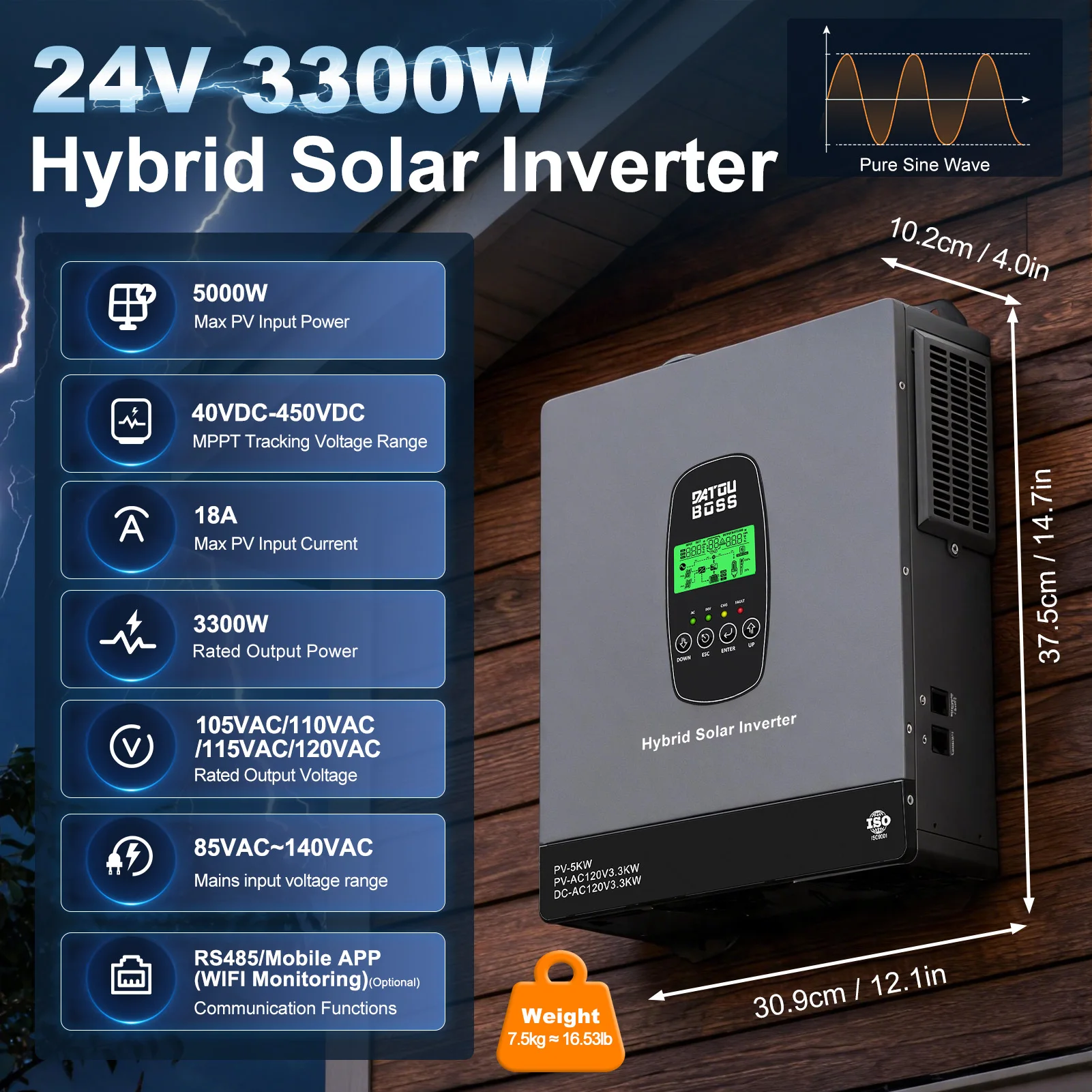 MFUZOP 3300W 24V Hybrid Solar Inverter, 120V Pure Sine Wave Inverter Charger, 5000W PV Input, 120A MPPT, 80A AC Charger, Optional WiFi, 10ms UPS
