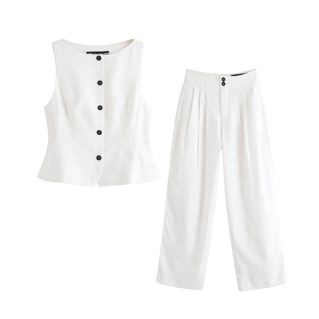 

Women's Elegant Commuter Linen Vest Suit Folding Button Vest Trousers 2025 Summer Fashion Simple Casual Women's Pants Suit
