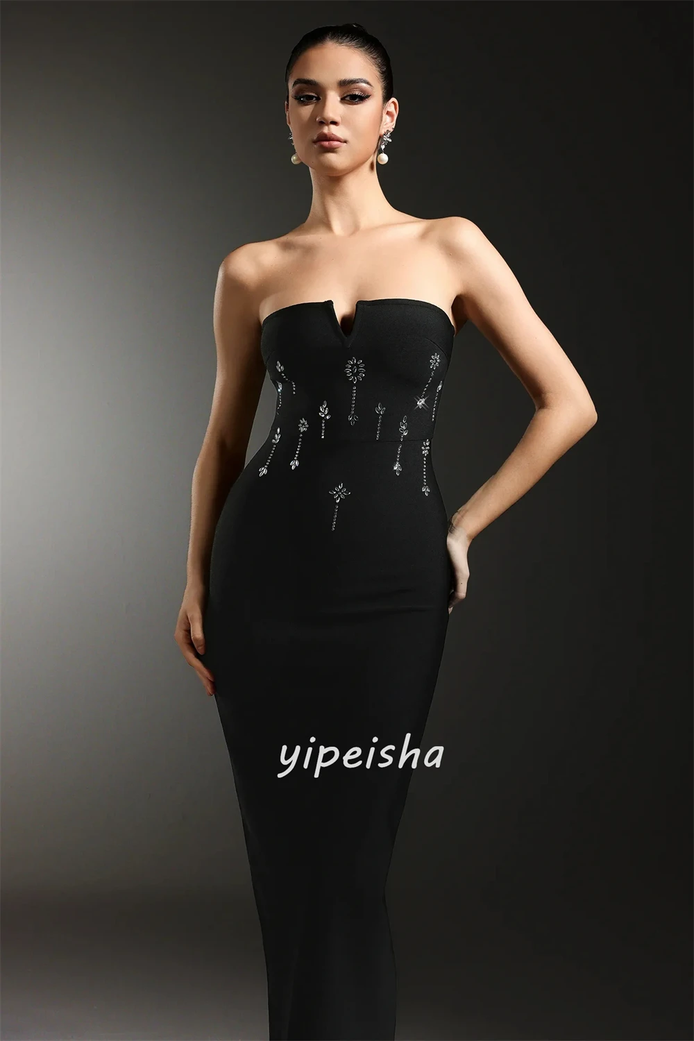 تخصيص الطراز الحديث بسيط جيرسي حجر الراين Ruched مستقيم حمالة الكاحل طول فساتين مناسبة مخصصة فساتين مثير