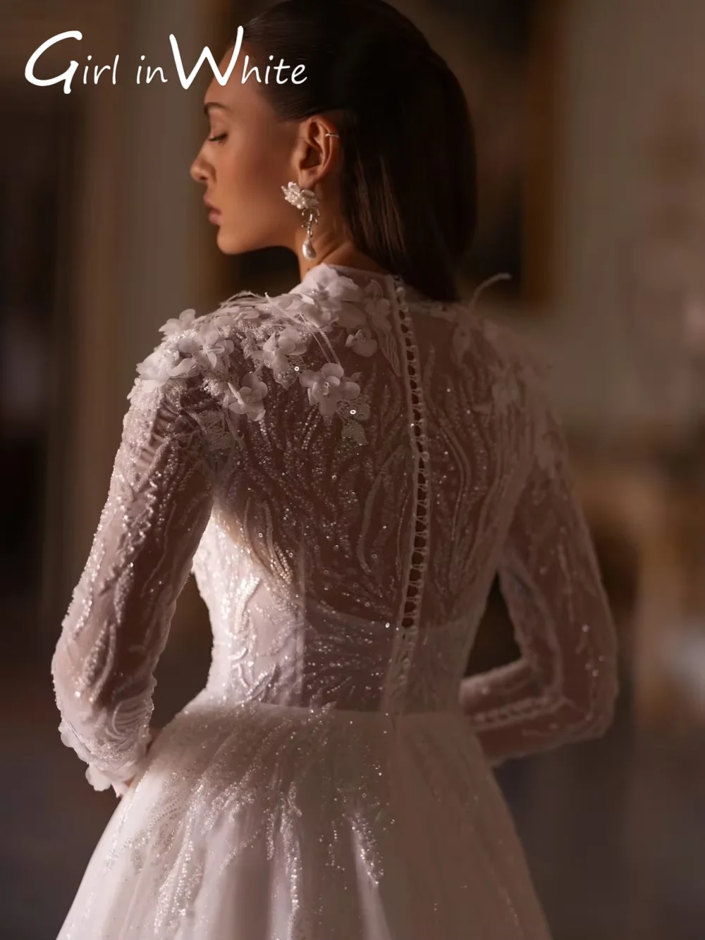 คอชุดแต่งงาน Sparkly Sequins ลูกปัดเจ้าสาว Robe แขนยาว Appliques A-Line ที่กําหนดเองชุดเจ้าสาว Robe De Mariée