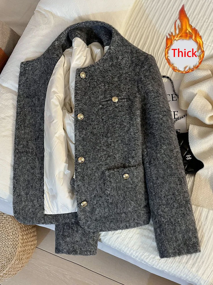 

Zoki Vintage Faux Woolen Coat Women Warm Winter Thick Long Sleeve Gray Cotton Jacket Female Retro O Neck Pockets Casual Tops New