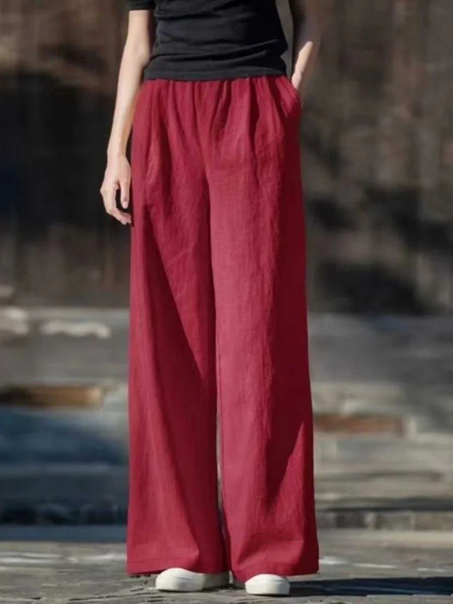 Pantaloni di lino in cotone a gamba larga a vita alta Pantaloni lunghi larghi da mamma con taglio dritto artistico da donna Primavera Autunno taglie forti