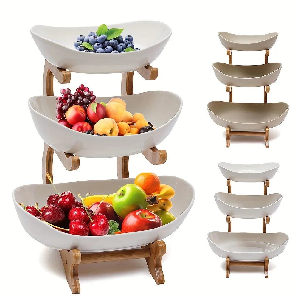 3-stufiges Obsttablett aus Bambusholz, leichter Luxus-Snackteller aus Keramik für Süßigkeiten, Desserts, Tischdekoration, Heimdekoration, Organizer