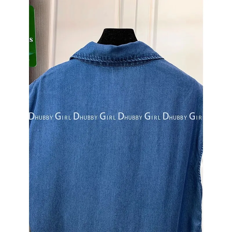 Casual Turn Down Collar Sleeveless Button Up Denim Shirt Summer Fashion Loose Pockets Street All Match Top Blouse Women 2023