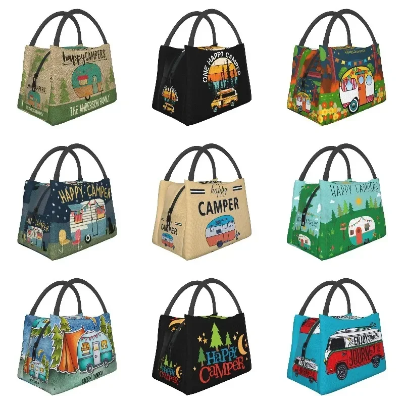 

Custom Happy Campers Lunch Bags Women Thermal Cooler Insulated Lunch Box for Work Pinic or Travel