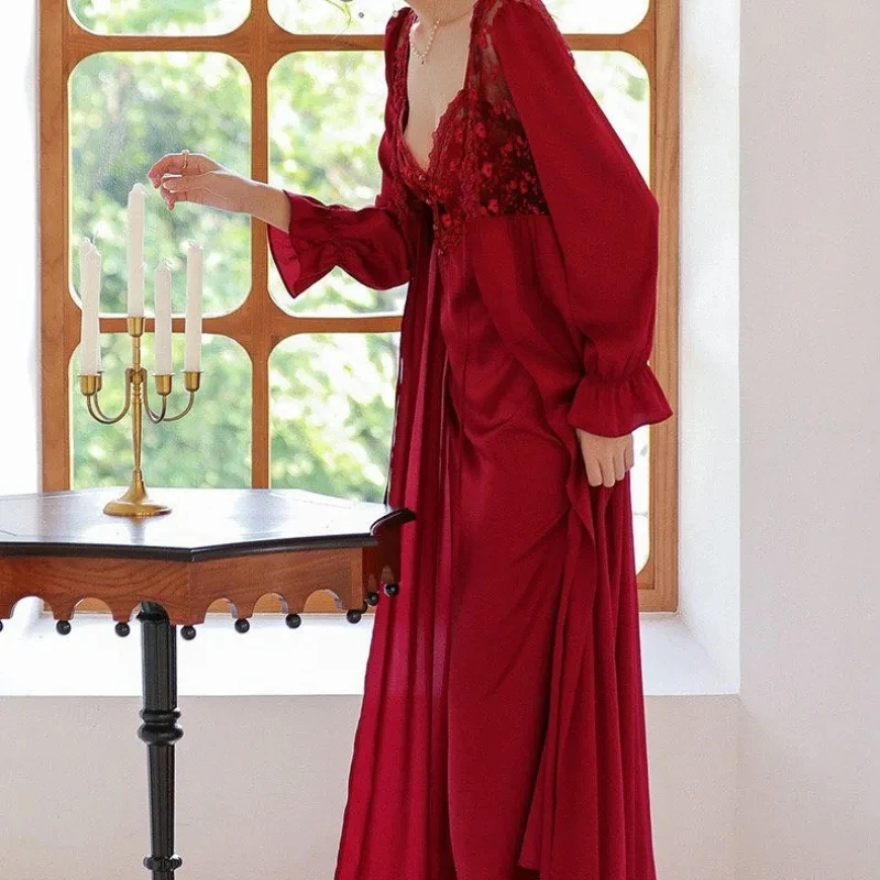 Women\'s Sexy Nightgowns Set Red Color Summer Spring Ladies Bathrobe Suit Lace Backless Deep V Neck Nightdress for Female 2024