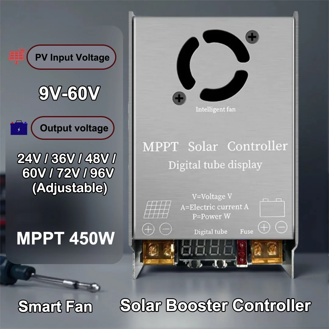 Step-Up MPPT Solar Controller Booster 450W 12A Digital Display Charging 9V-60V Input for 24V-120V Lithium Lead-Acid