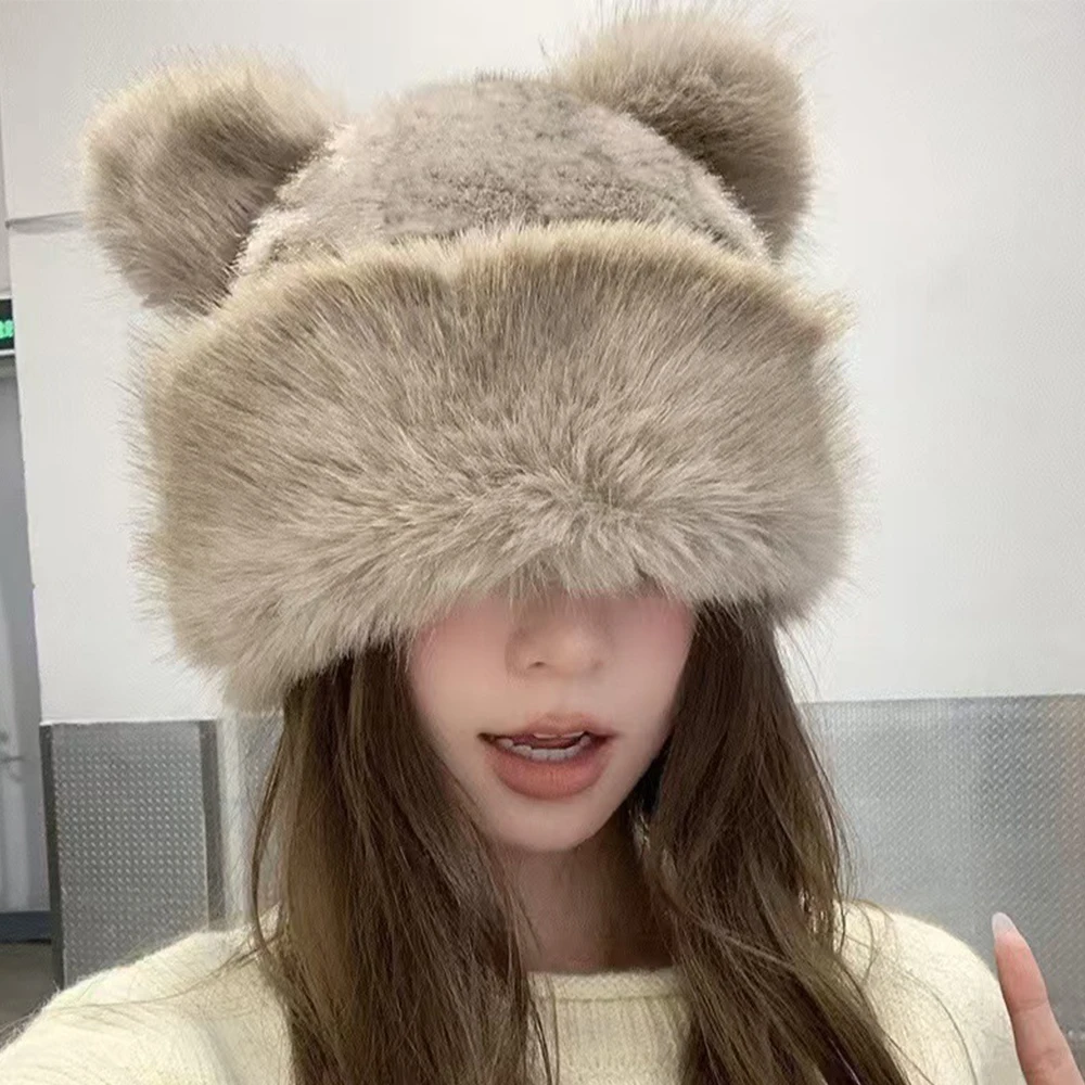 

Cute Women Solid Color Plush Hats Warm Autumn Winter Korean Little Bear Ears Cute Mongolian Cap Windproof Ear Protection Bonnets