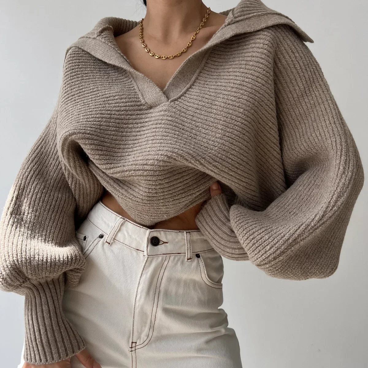 Women Knit Sweaters Turn Down Collar Full Sleeve Splice Pullovers Jumpers Straight Thick Sweater Knitted Ladies Autumn 2023