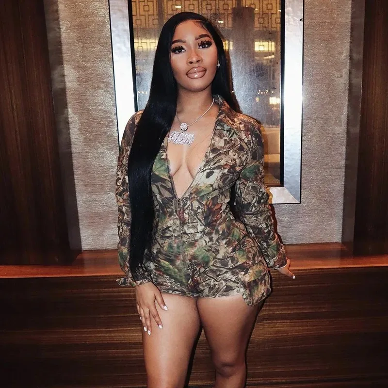 

KEXU Zipper Fly Long Sleeve V-neck Cargo Pockets Short Jumpsuits 2025 Women Safari Playsuits One Piece Suit Romper Overalls