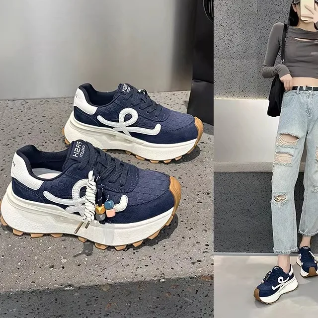 

Women's Fashionable Sport Shoes Real Leather Agan Cross Buckle Low Top Thick Heel Rubber Sole Foot Slimming Dad Shoes