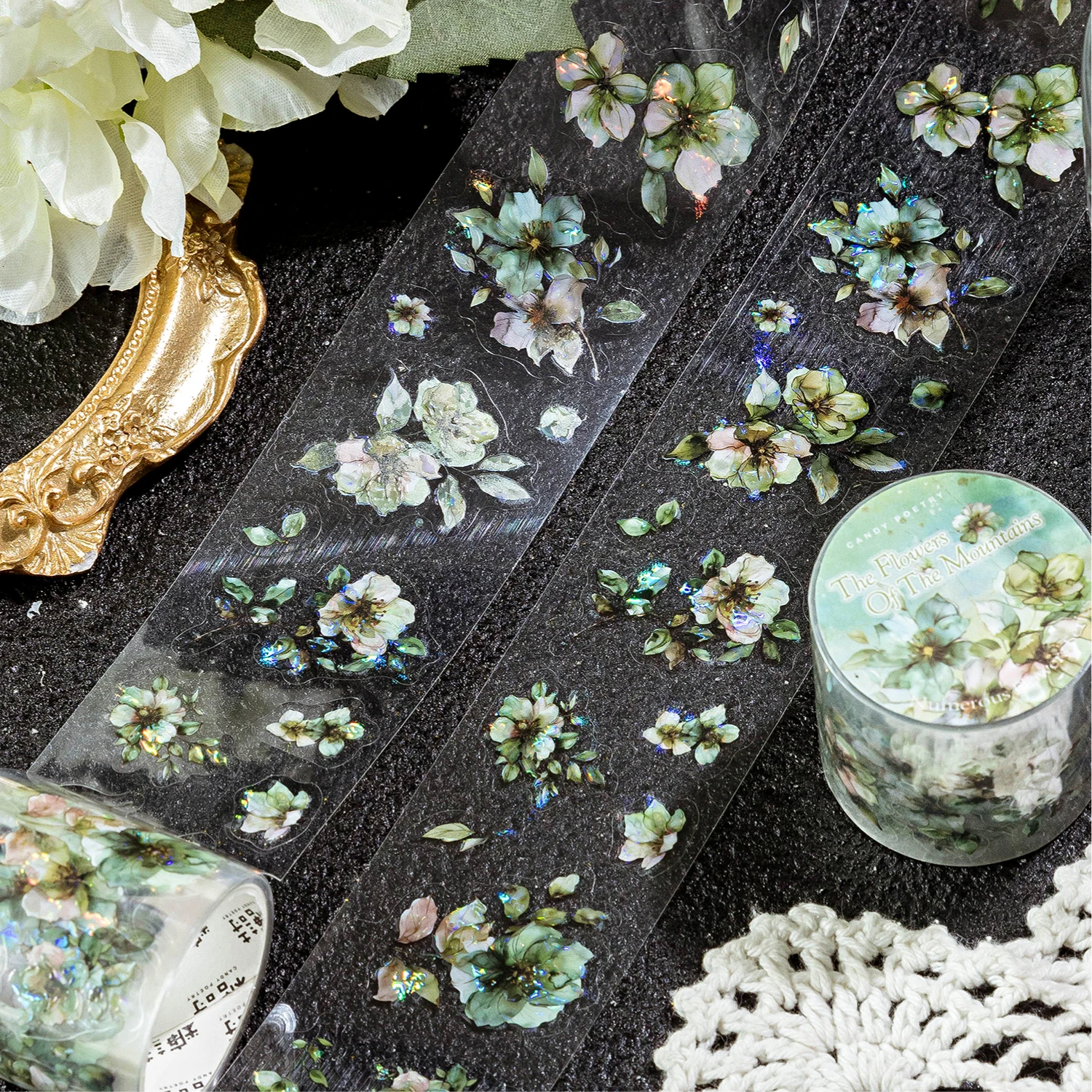 40mm * 2m/Rolle PET Retro Blumen-Eiskristall-Muschel-Lichtschneide-Stickerband DIY Tagebuch-Album Ästhetischer Scrapbook-Aufkleber