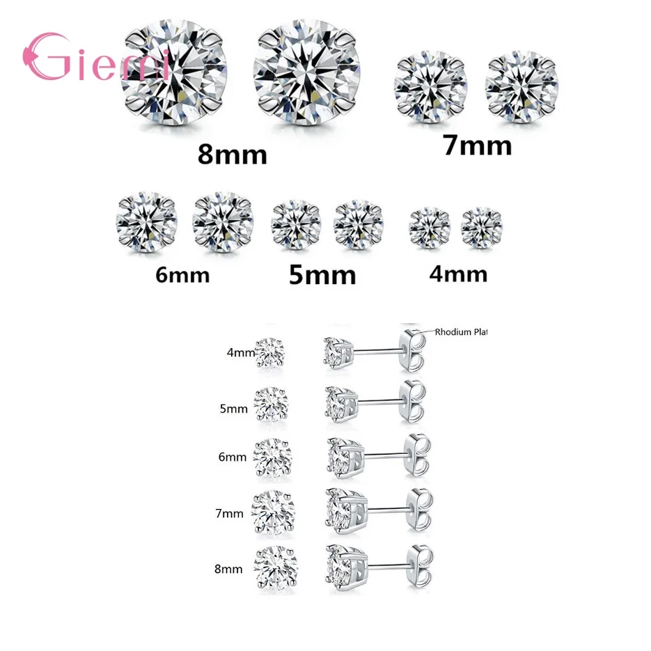 1 Pair Classic 925 Sterling Silver 4-8MM Four Claws Crystal Zircon Stud Earrings for Women Girls Anniversary Party Jewelry Gifts