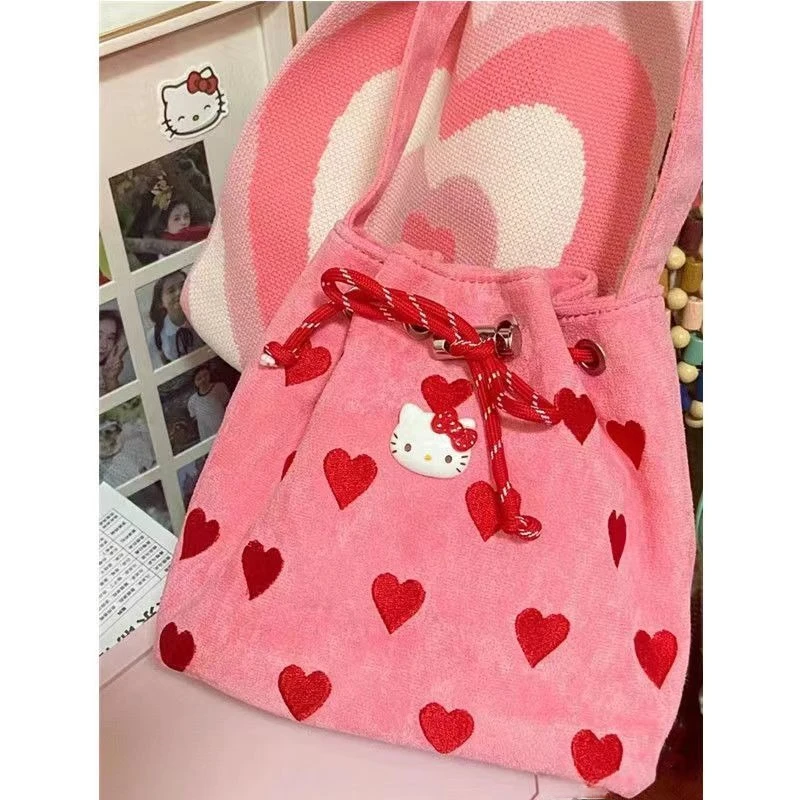 Xiuya Pink Handbags for Women Small Cute Hello Kitty Fashion Casual Shoulder Bag Kawaii Heart Embroidery Female New Bucket Bag