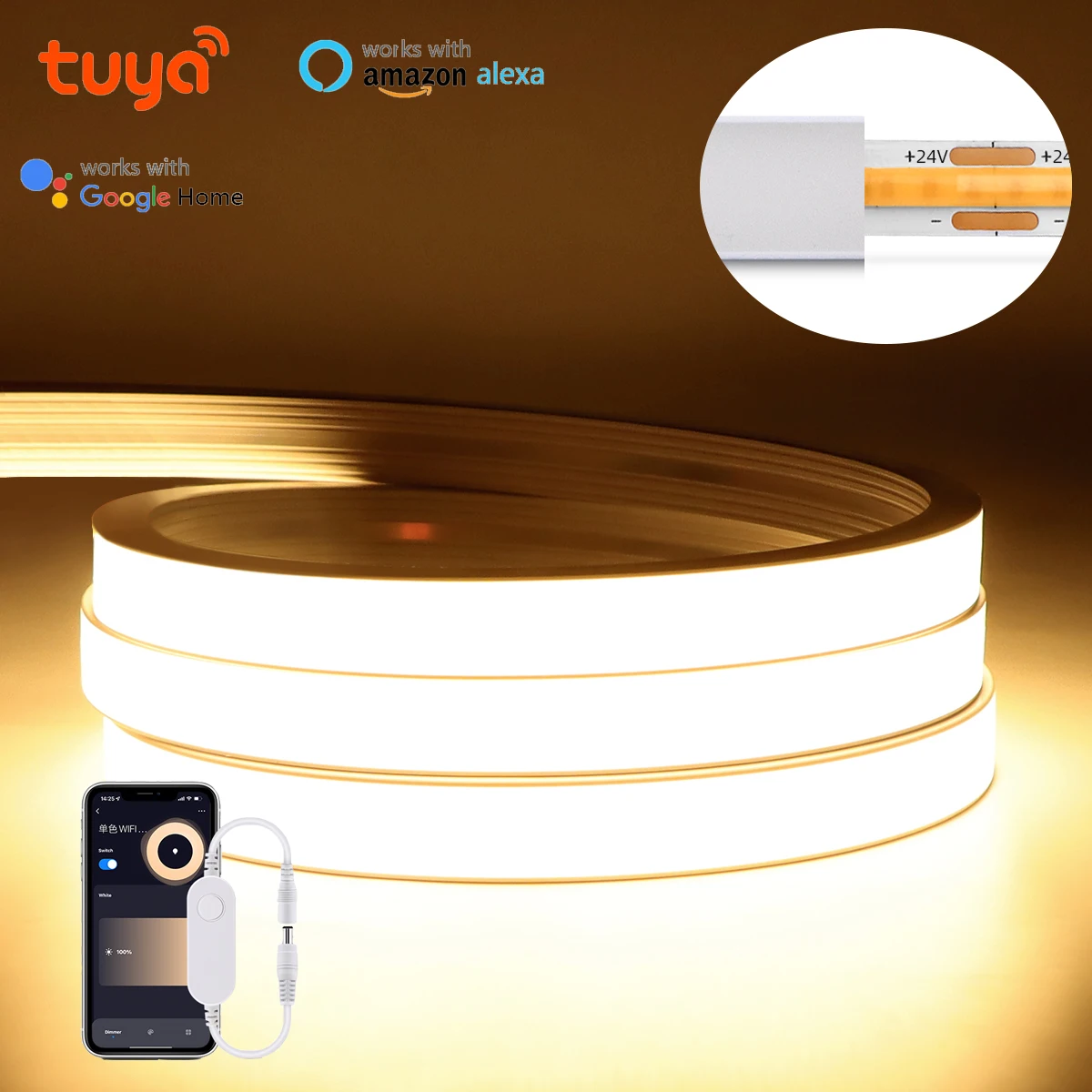 DC24V TUYA Smart COB Neon Strip Light 320LEDs/M Silicone Body High Bright & Waterproof Wireless WiFi APP Control Dimmable Tape