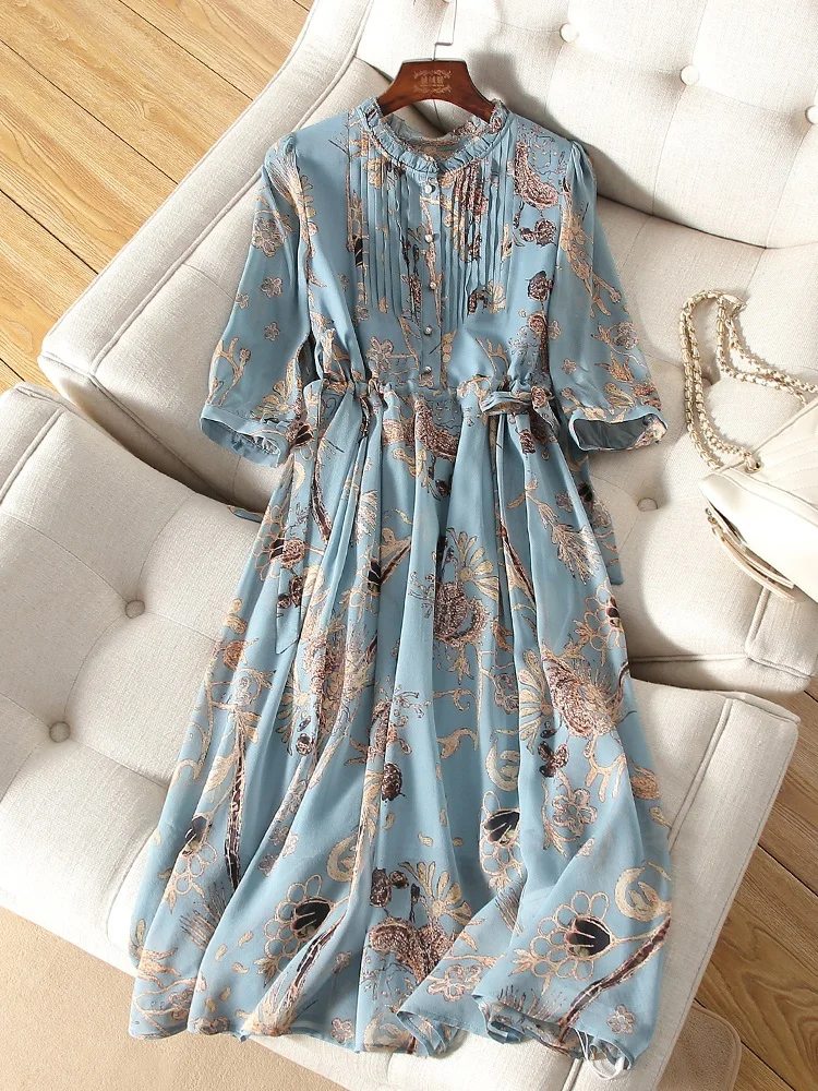 High Quality Printed Real Silk Long Dress Women's Summer Lace-up Half Sleeve Loose Temperament A- line Midi