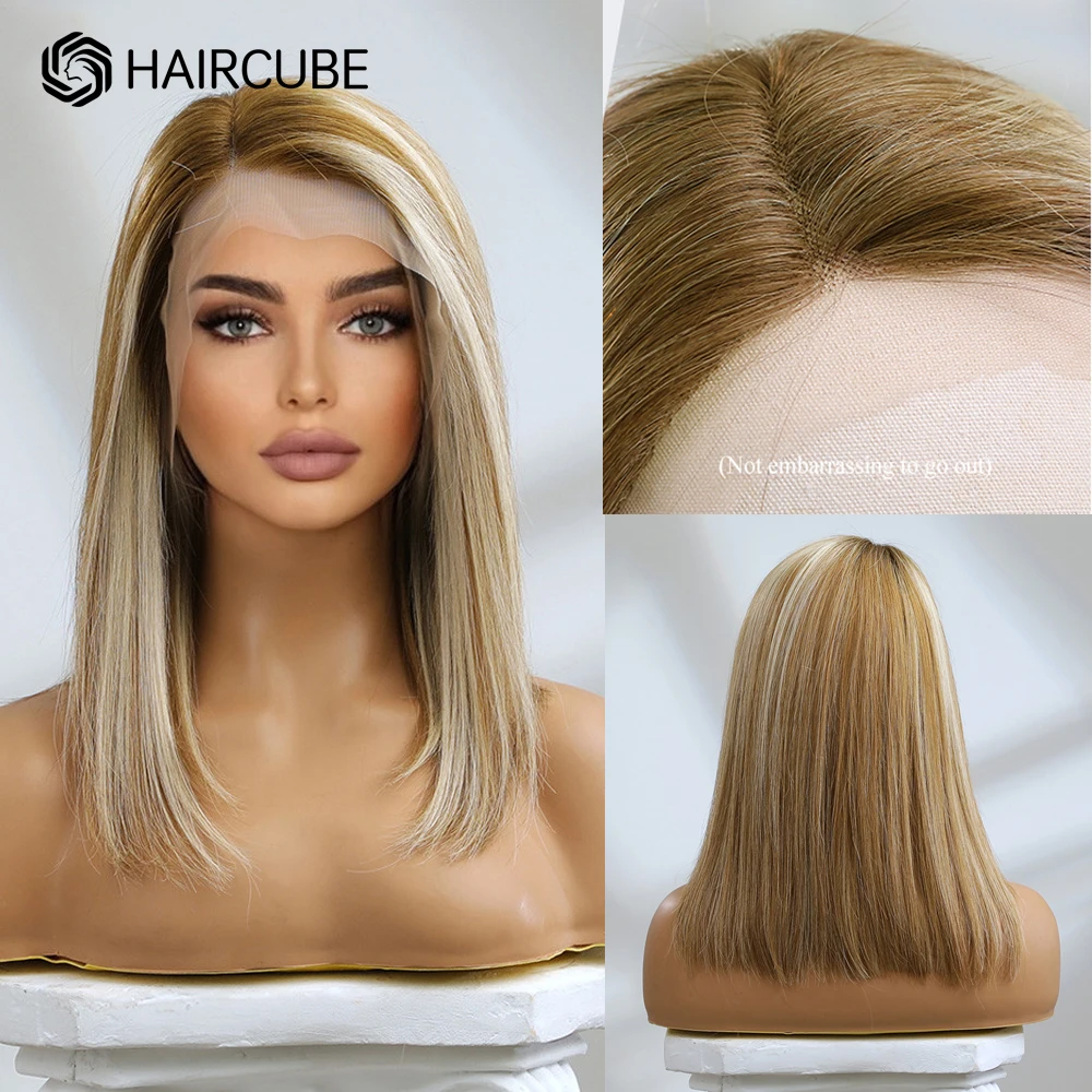 

Brown Highlight Wig Human Hair Straight Bob Lace Frontal Wigs for Women 14 inch Blonde Remy Human Hair Side Part Lace Part Wig