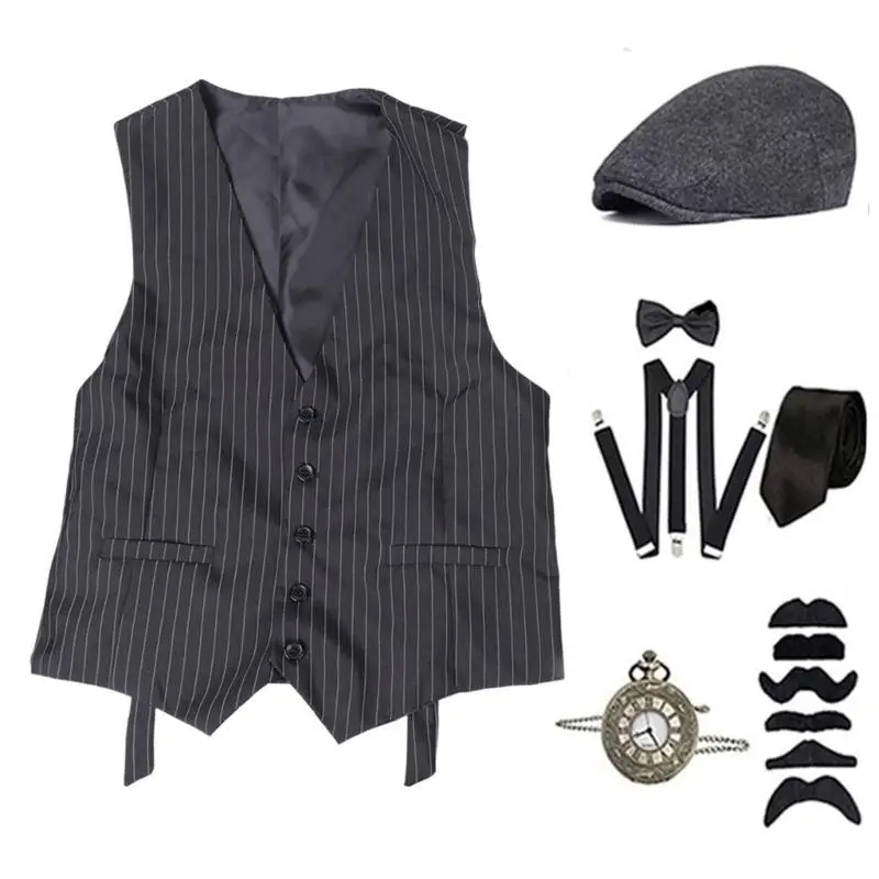 

652F 1920s Mens Costume,Roaring 20s Costumes Accessories Set Vest Hat Pocket Watch Tie Suspenders Halloween Cosplay Costume