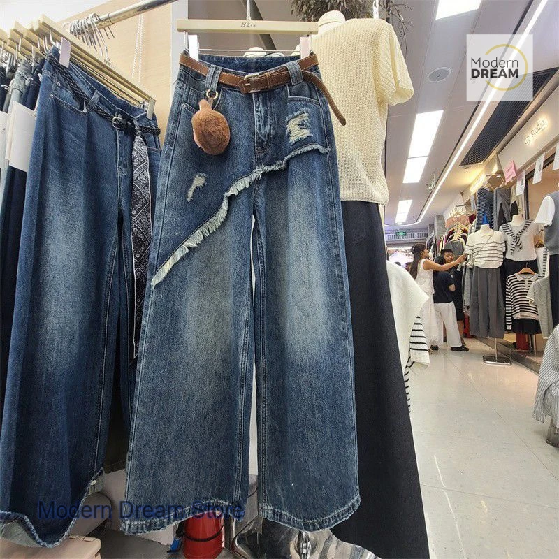 

French style fashion fake two-piece jeans women's autumn and winter new burr temperament design skirt pants loose wide-leg pants