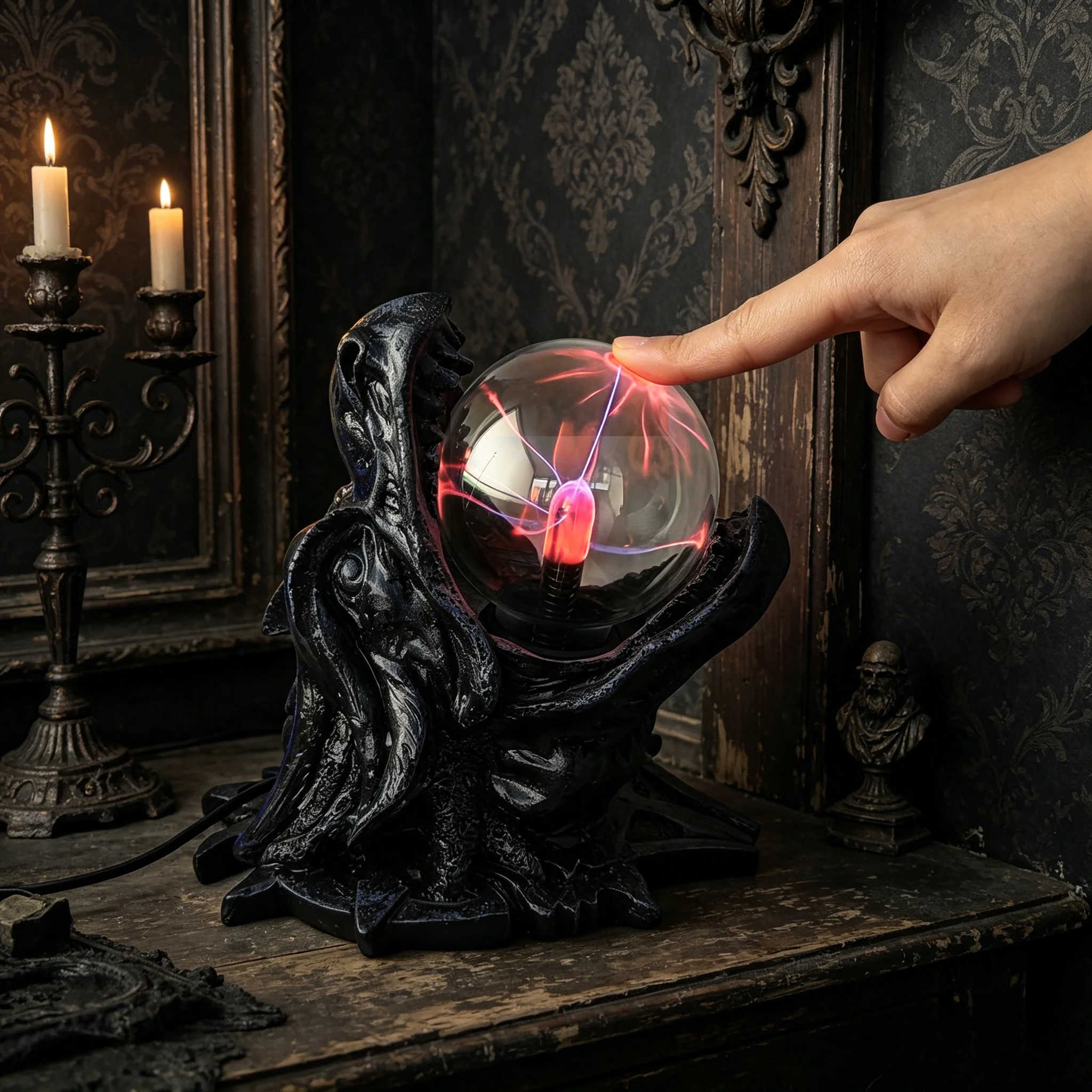 Plasma Ball Skull Lamp Interactive Lightning Sphere Gothic Horror Decor LED Night Light Halloween Desk Ornament Gift - view 4