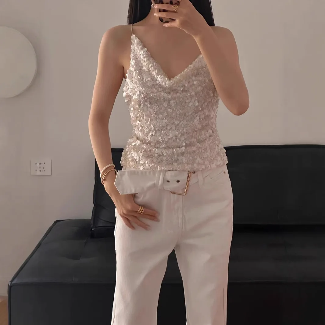

customized women's adult fashion costume three-dimensional sparkling sequin top light luxury versatile and simple vest
