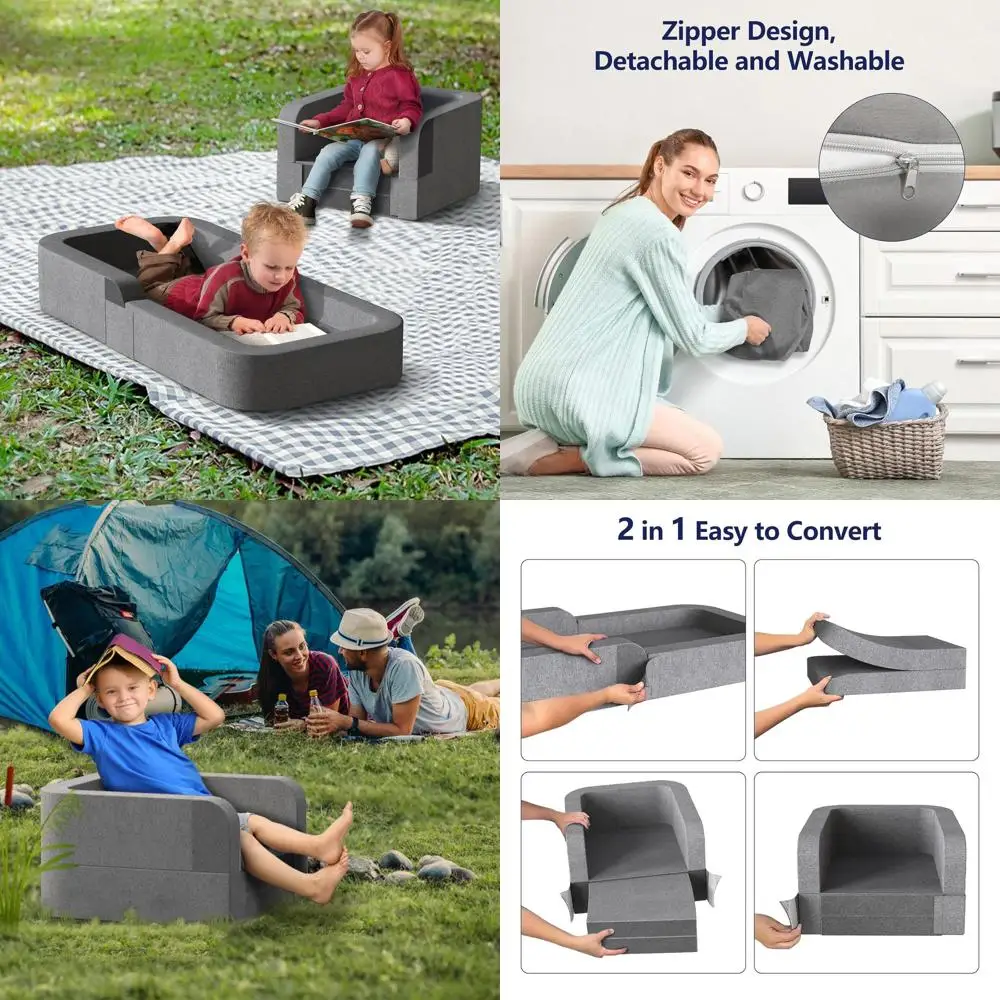 

Portable Folding Cot with Washable Cover, 2-in-1 Convertible Sofa Bed for Toddlers and Kids, Suitable for Indoor & Outdoor Use (