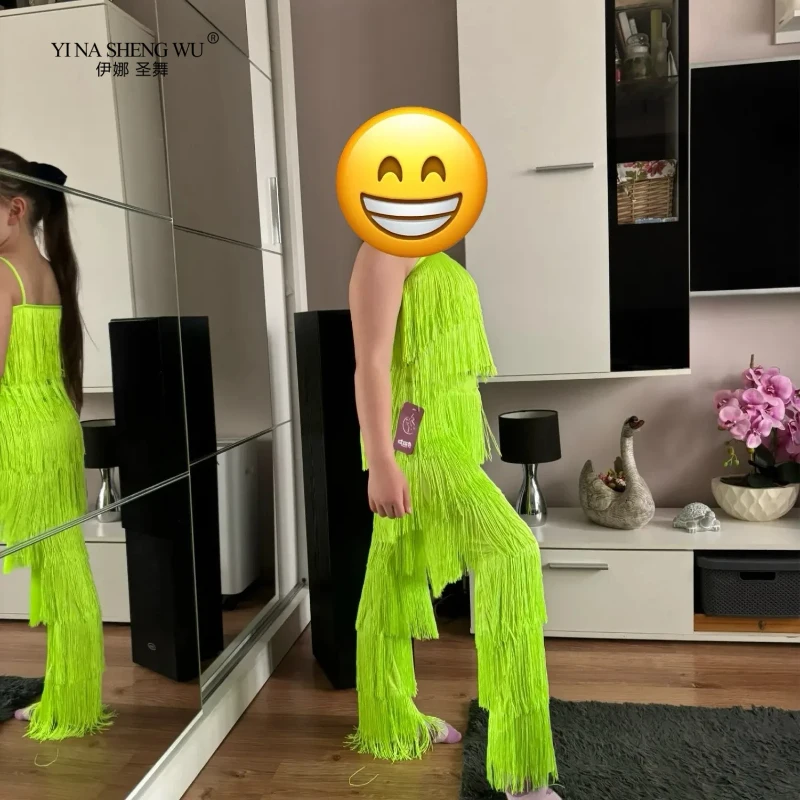 Kids Latin Dance Pantsuit Costumes Ballroom Fringe Tassel Dress Pants Girls Plus Size Salsa Samba Child Stage Outfits Costume