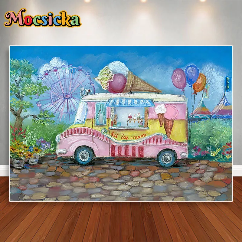 Mocsicka Ice Cream Sfondo fotografico Frutta rosa Decorazione per feste per auto Neonatale Baby Shower Ritratto Studio Banner Poster