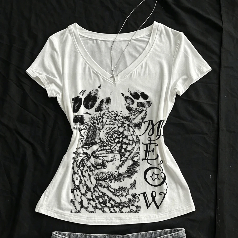 Umbilical top casual fashion Y2k T-shirt 2026 summer Y2k Harajuku women's T-shirt V-neck short sleeved waistband coat tiger prin