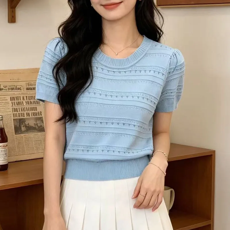 

Knitted Sweater Women Pullovers New Summer Short Sleeve Knit Sweater Pullover Women Tops O-Neck Hollow Out Sueter Feminino Q4385