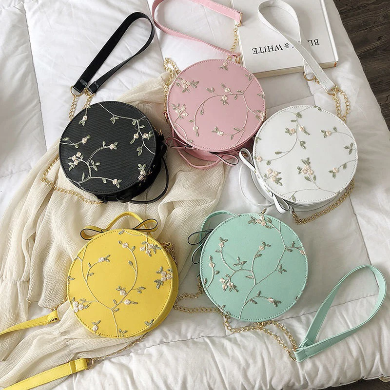 

Female Sweet Lace Heart Round Handbags High Quality PU Leather Cross Body Bags For Women Small Fresh Flower Chain Shoulder Bags