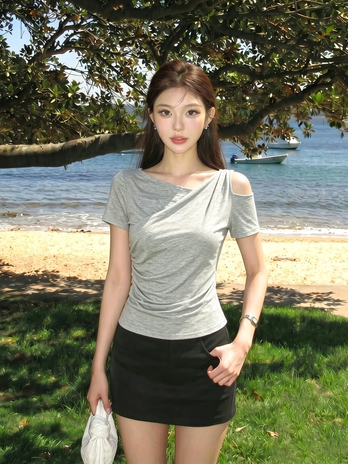 plus Size Women's Grey Asymmetrical Pleated Shoulder Bared Short Sleeve T-Shirt Slimming Versatile Trendy Summer Top