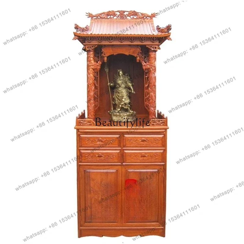 PJ  Dragon Pillar Roof Buddhist Shrine Vertical Cabinet, Camphor Wood Household Shrine