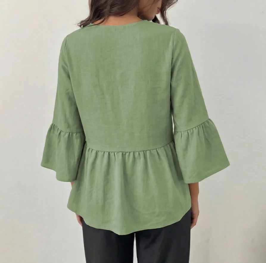 

Retro 2026 Solid Color Flared Sleeve V-Neck Shirt with Hood Loose Comfortable Top Versatile Fashionable Casual Wear