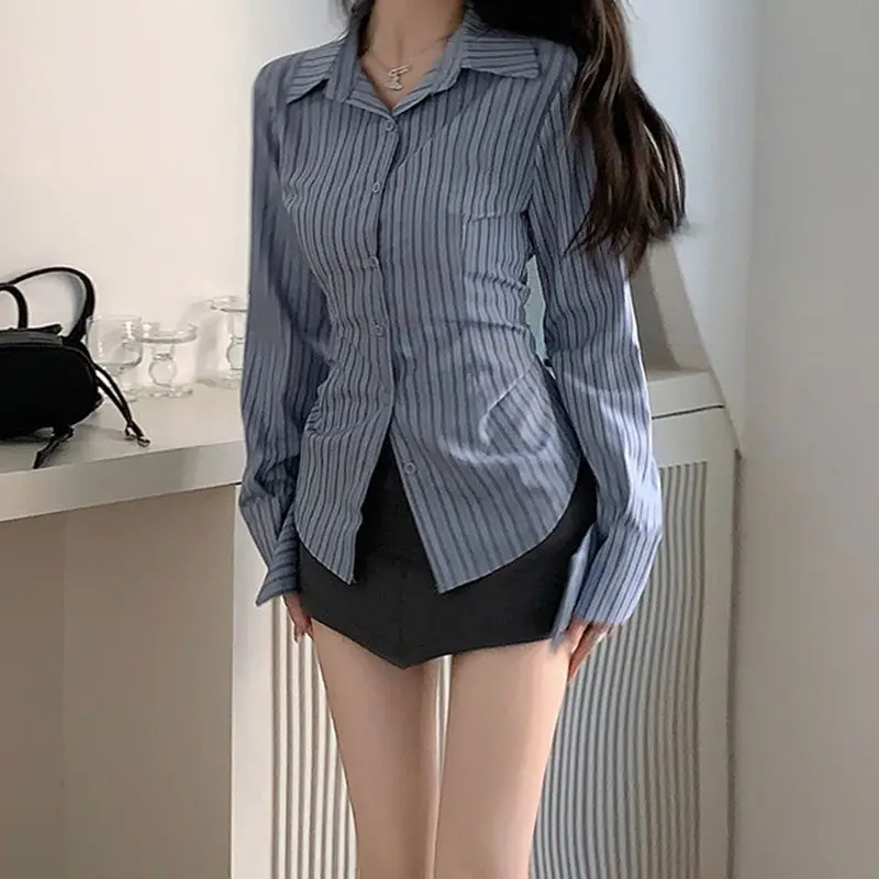 Suits Striped Shirts+Irregular Skirt Women Vintage Long Sleeve Slim Blouses Preppy Streetwear Y2K Korean Casual 2 Piece Set New