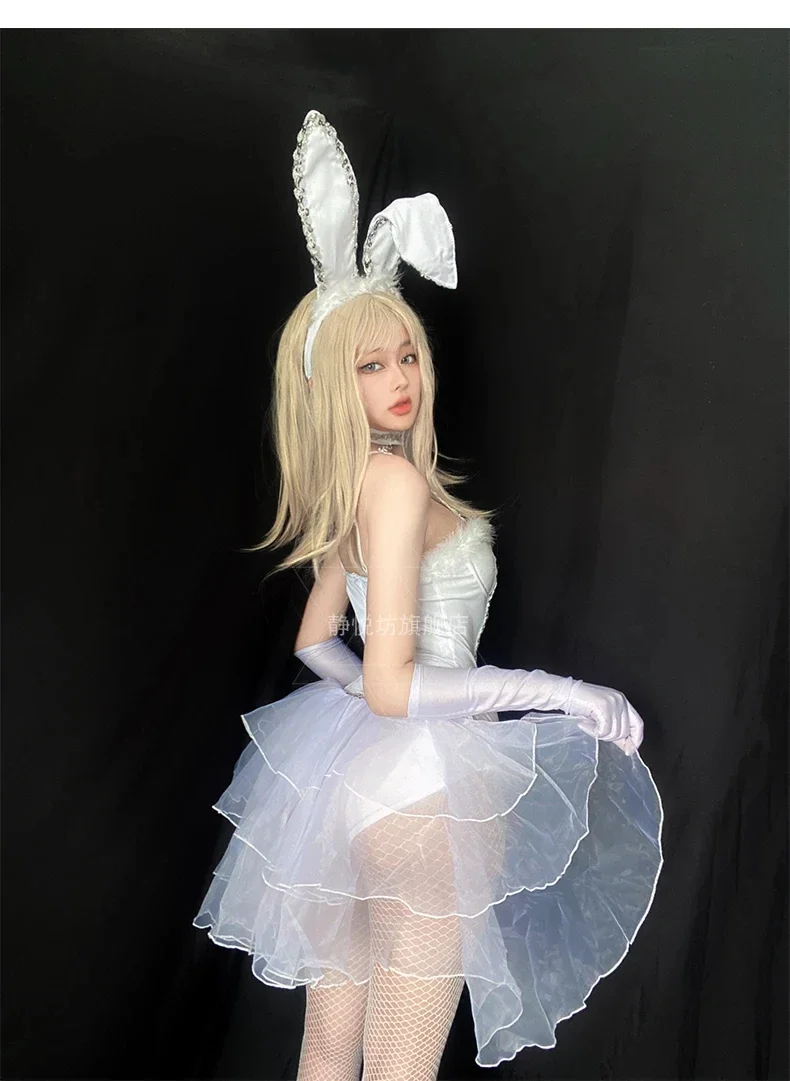 New Women Sexy Bunny Costume White Cute Rabbit Girl Cosplay Dress Up With Headwear Halloween Nightclub Maid Sexy Uniform Suit