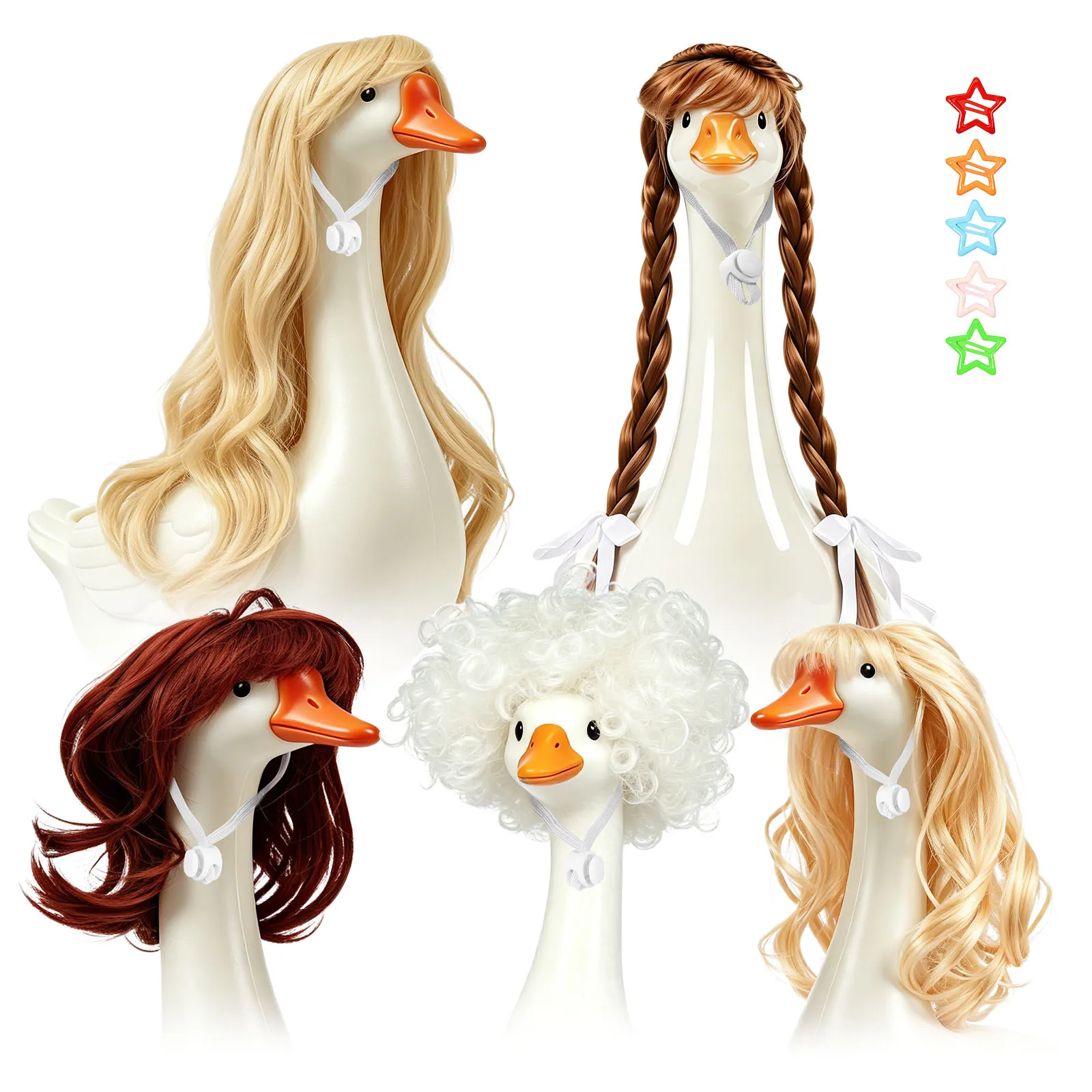 3/4/5Pcs Porch Goose Wig for 17 Inch and 23 Inch Statue Universal Lawn Goose Wig with Hair Clip Outdoor Statue Decorative