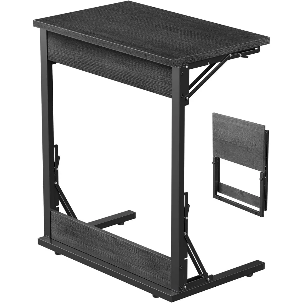 

24 Wide Folding C-Shaped End Table, Small Side Desk for Couch, Sofa TV Tray Table with Metal Frame for Living Room, Bedroo
