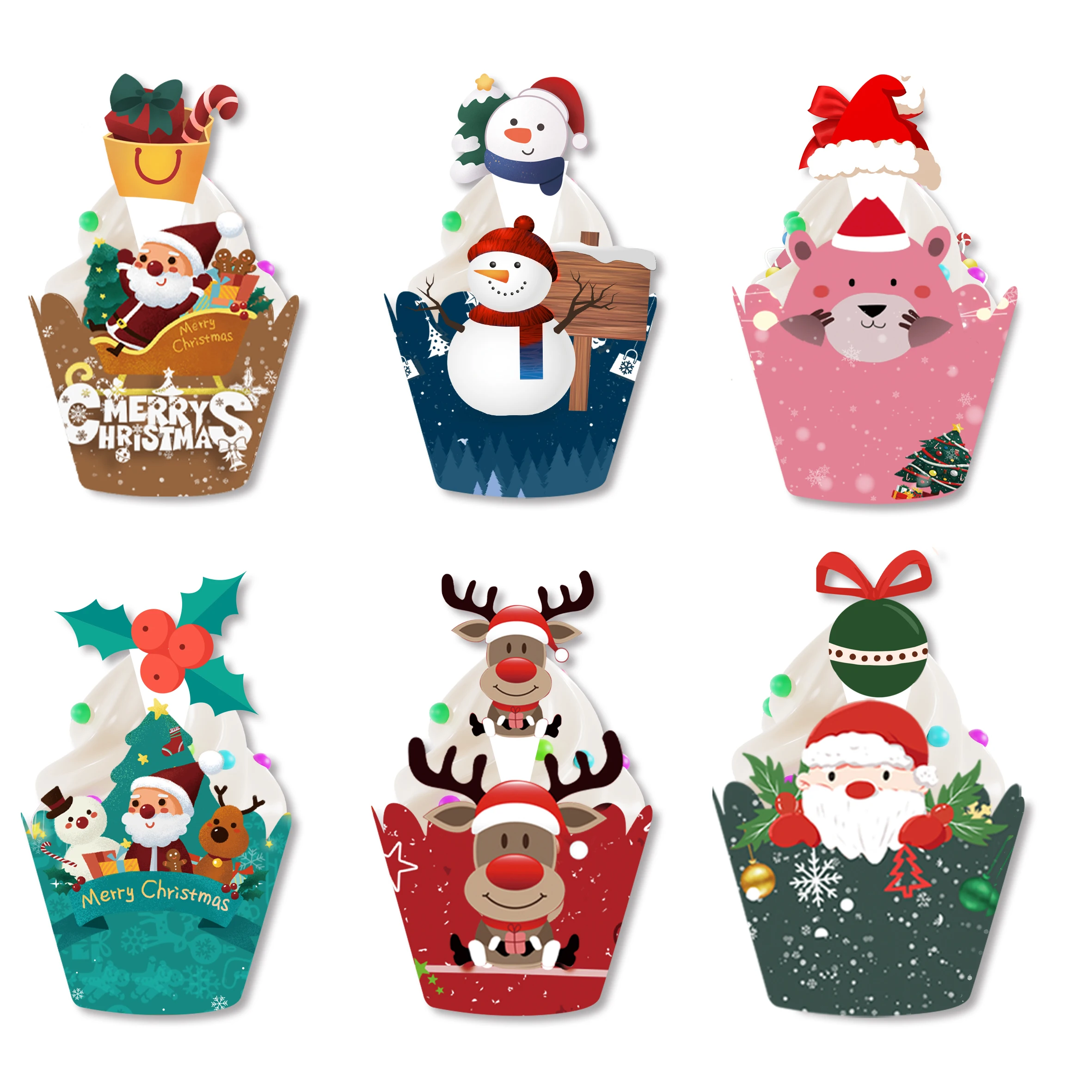 12sets Christmas Cupcake Wrapper With Cake Topper Bake Cake Paper Liner Wraps Merry Christmas Navidad New Year Party Cake Decor