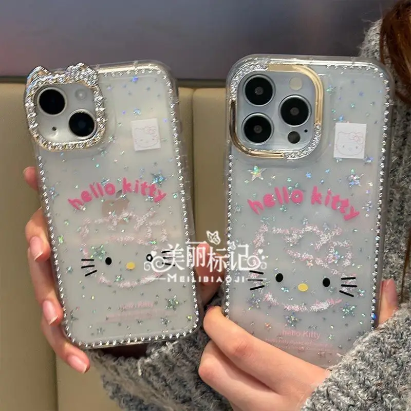

Cartoon Hello Kitty Glitter Rhinestone Cat Ears Glossy Transparent Phone Case for IPhone 17 16 15 14 13 Pro Max Plus Girls Gift
