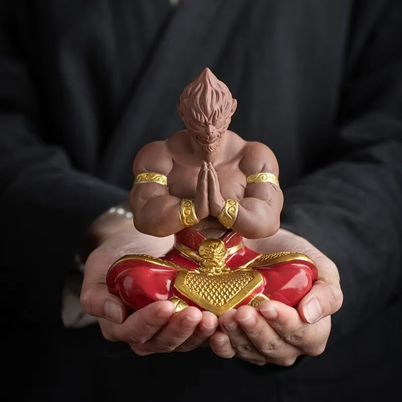 Zen Sun Wukong Ceramic Statue, Meditating Monkey King Feng Shui Figurine with ,  Home Office Desk Decor Wealth Lucky Ornament