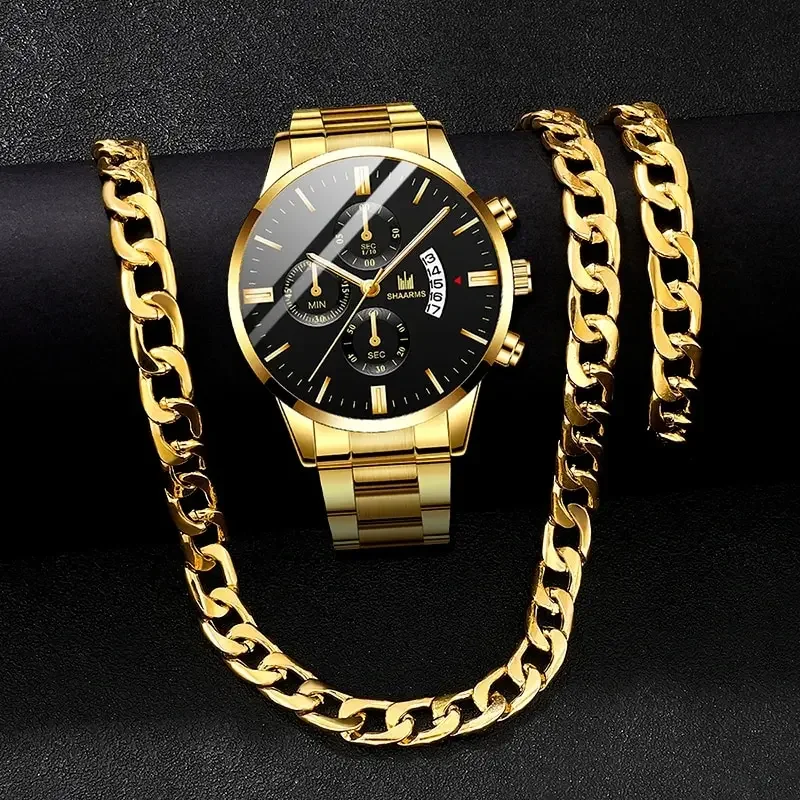 Mens Fashion Business Quartz Watch Fashion Fake Three Eye Six Pin Calendar Men Watches Stainless Steel Mens Jewelry Set Clock