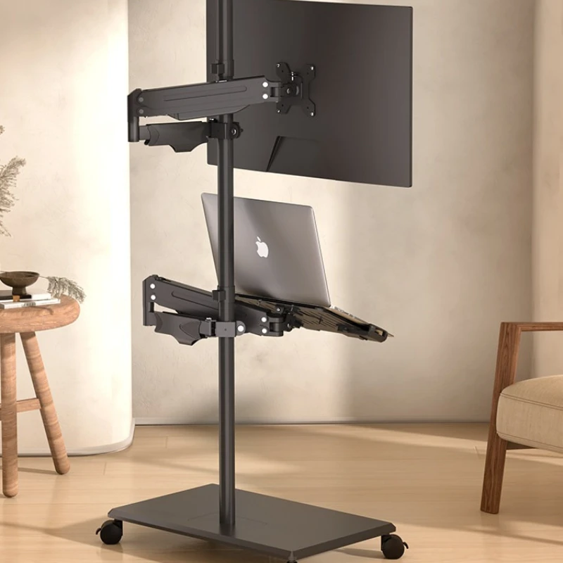 Floor Monitor Stand Pneumatic Lift SPCC Steel 17-32" 360° Rotation 10KG Load Sturdy Mobile Workstation with Keyboard Tray