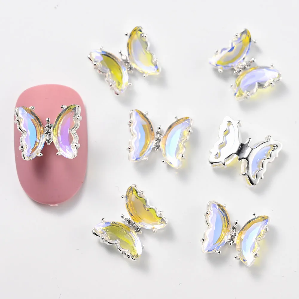 10pcs Aurora Fantasy Butterfly Nail Art Charms 3D Luxury Gold Border Crystal Butterflies DIY Rhinestones For Nail Decoration