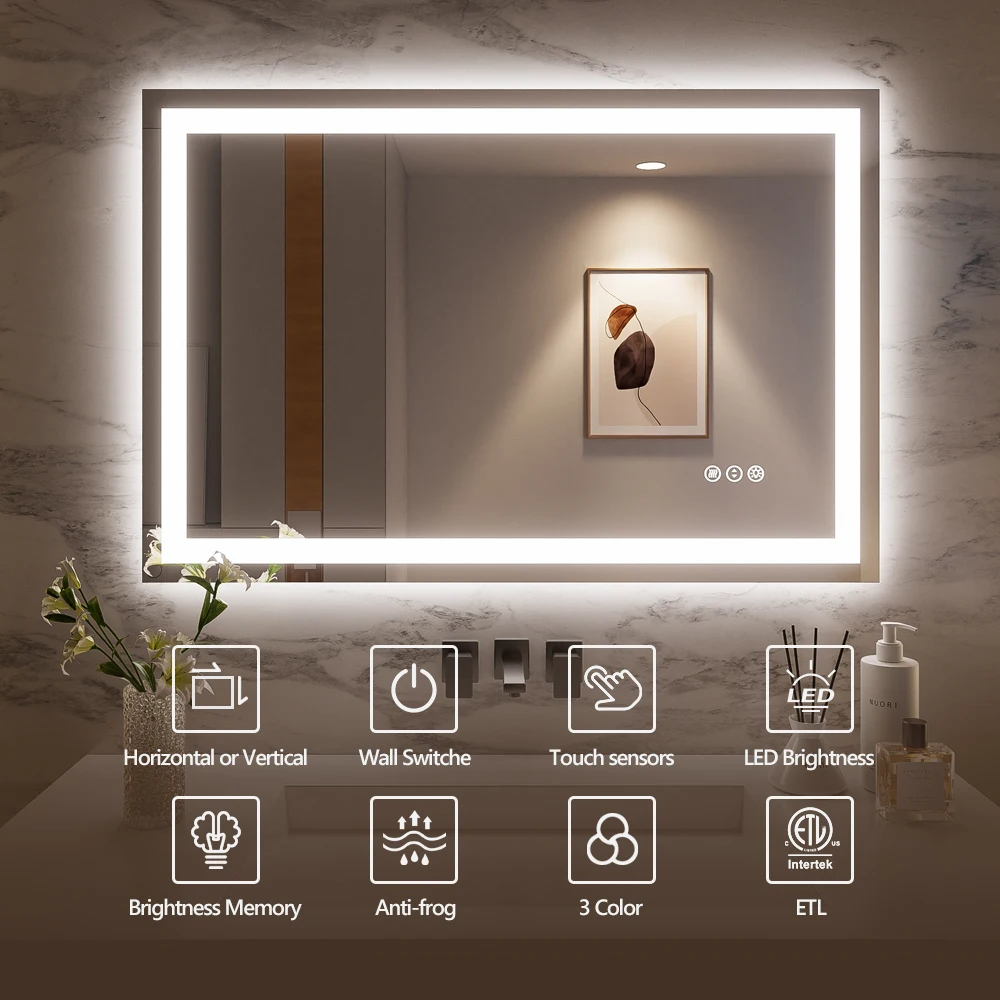 48x32 Inches Smart Anti-Fog LED Bath Mirror with Backlight and Front Light, 3-Color and Dimmable, Brightness Memory