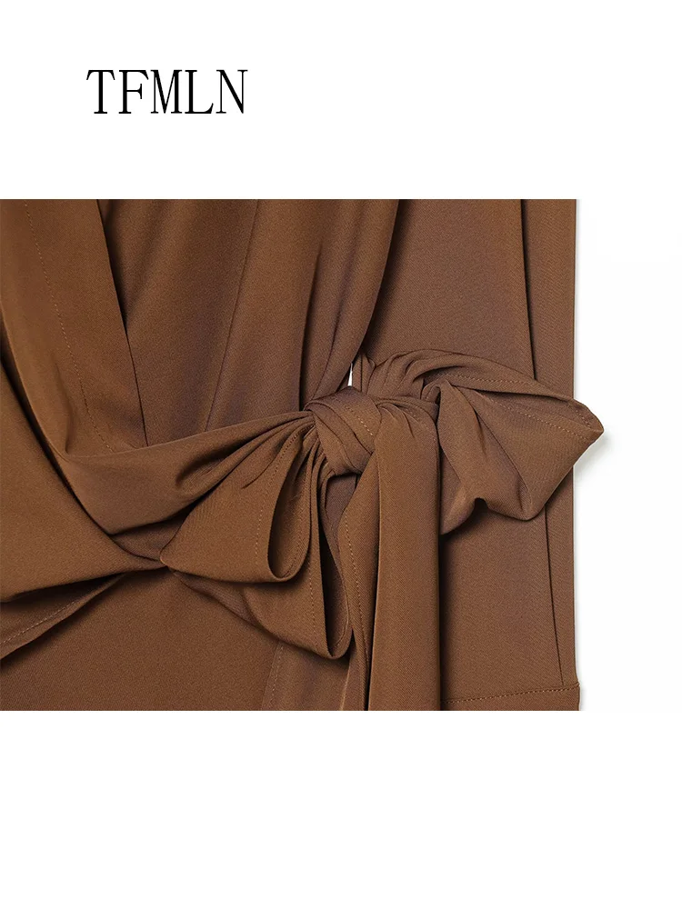 Women's Solid Causal Blouses 2026 Spring Summer New Brown Color Long Sleeve Lace Up Decorated V-Neck Shirt Sexy Fashion Tops