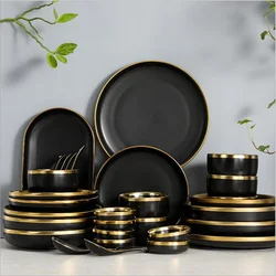 Black Porcelain Dinner Plates Kitchen Dishes Ceramics Tableware Food Tray Rice Salad Noodles Bowl Cutlery Set